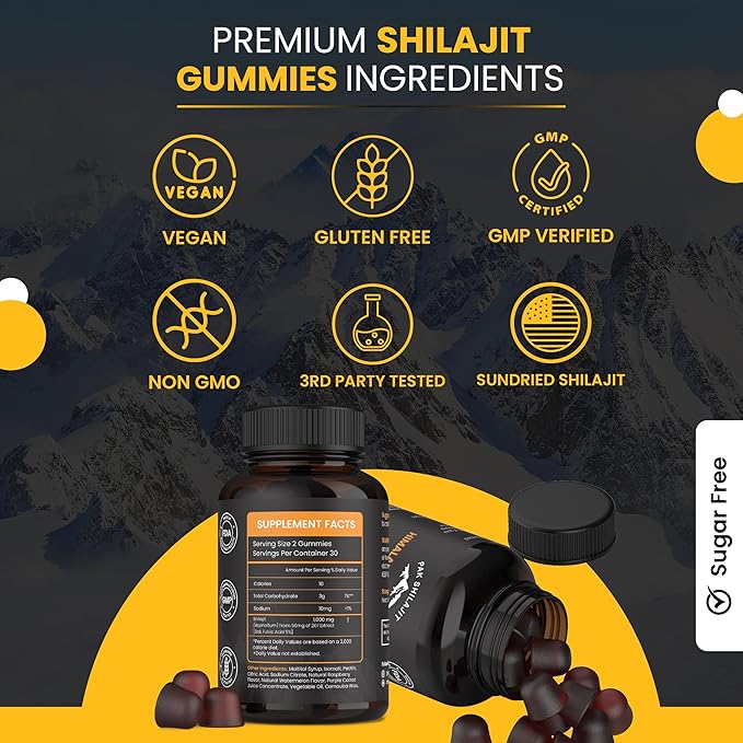 Pure Sundried Himalayan Shilajit Gummies for Men & Women | Organic Shilajit Gummies | Natural 85 Plus Trace Minerals Fulvic Acid | Energy, Immunity | Sugar-Free 60 Healthy Gummies