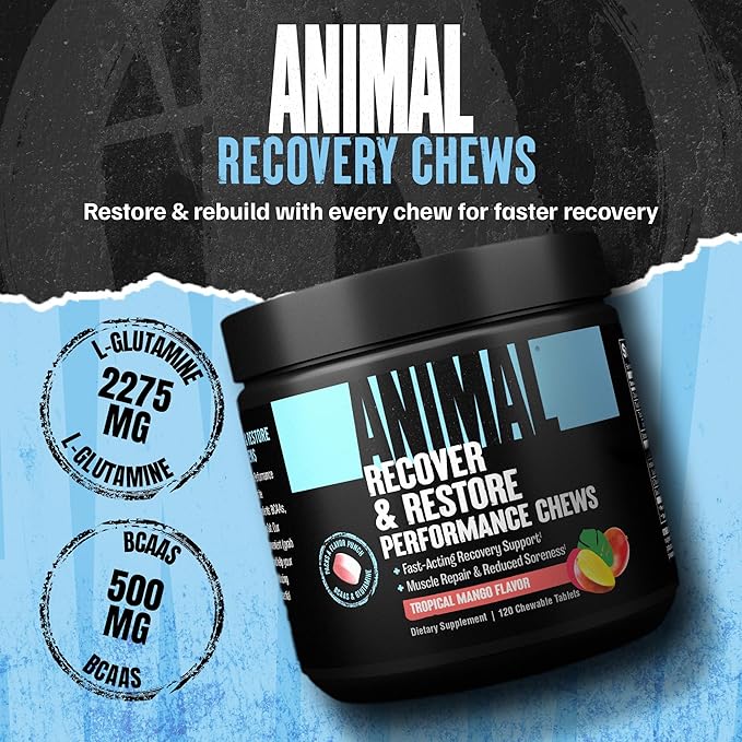 Animal Recovery Chews, Fast Acting Recovery with BCAA, Taurine and Glutamine for Muscle Repair and Hydration - Convenient and Delicious Chews Format