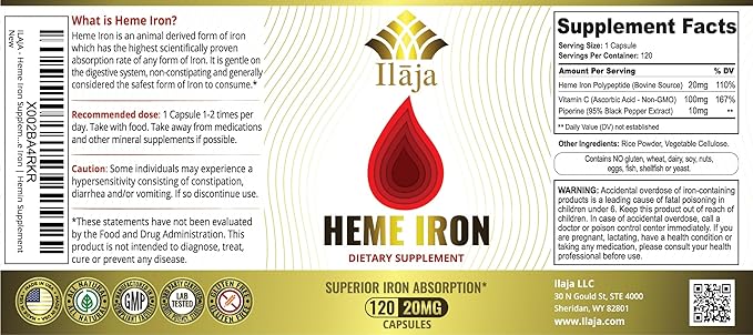 Heme Iron Deficiency Supplement for Women & Men (120 Capsules) – 20mg High Absorption, Clean Ingredients - Contains 111% of Iron DV per Capsule - 2-4 Month Supply