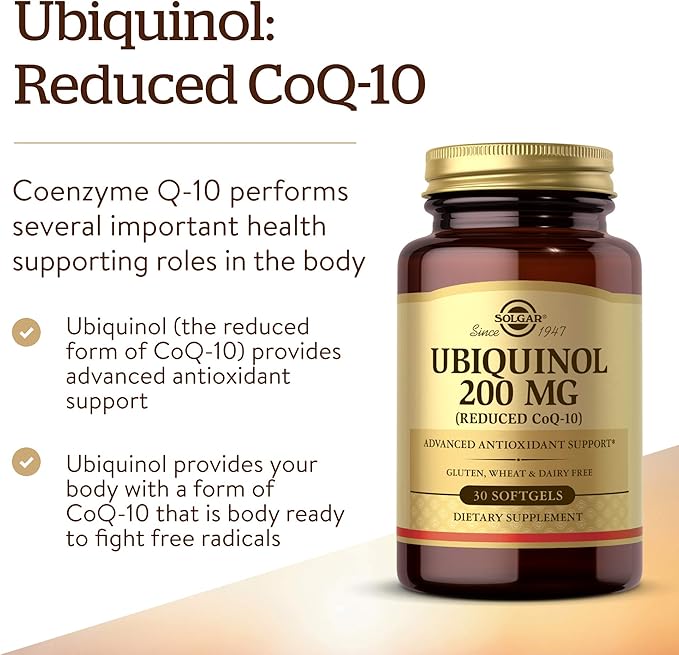Solgar Ubiquinol 200 mg (Reduced CoQ-10), 30 Softgels - Promotes Heart & Brain Function - Supports Healthy Aging - Coenzyme Q10 - Ubiquinone Supplement - Gluten Free, Dairy Free - 30 Servings , Unflavoured, standard