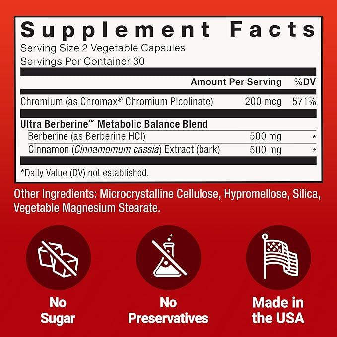 FORCE FACTOR Ultra Berberine, Berberine Supplement with 500mg Berberine HCl Plus Chromium & Cinnamon Bark Extract to Support Metabolism & Daily Wellness, Non-GMO, Gluten Free, 60 Vegetable Capsules