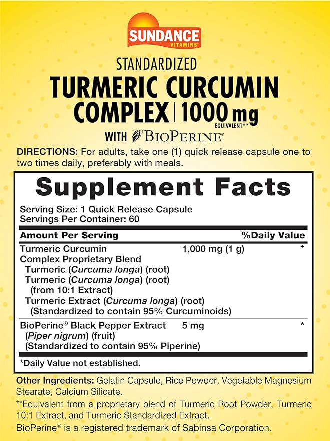Sundance Turmeric Curcumin Complex 1000mg | 60 Capsules | with BioPerine | Non-GMO and Gluten Free Supplement