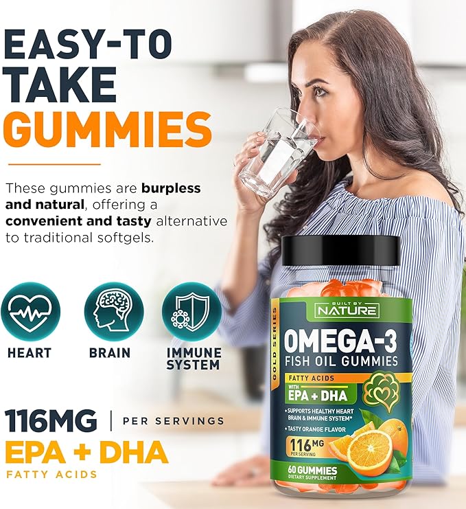 Omega 3 Fish Oil Gummies with EPA & DHA from Wild Fish - Triple Strength Omega 3 Fish Oil Gummy, Supports Healthy Heart, Brain & Immune System, Burpless & Natural - 60 Gummies, 30 Day Supply