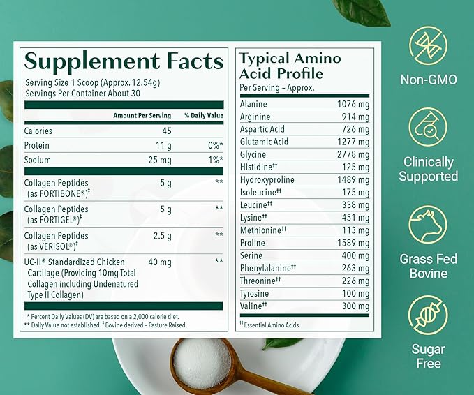 ALGAECAL Collagen: 4 Clinically-Supported Collagen Peptides VERISOL®, FORTIGEL®, UC-II®, FORTIBONE®, Anti-Aging Hydrolyzed Collagen Powder, 3 Packs, Made in USA