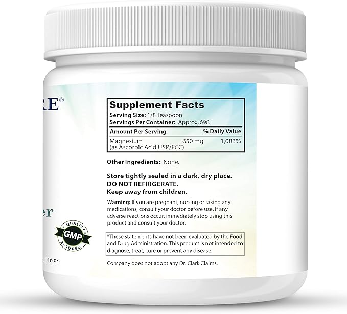 Dr Clark Vitamin C Powder Ascorbic Acid - Immune Support Supplement, Gluten Free, Potent antioxidant, Supports Brain Function, Promotes Tissue Formation and Repair, 454gm | 16oz