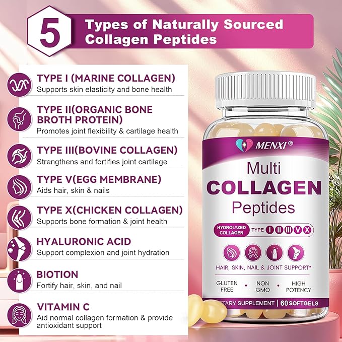 Multi Collagen Peptides Softgel for Women & Men - Type I, II, III, V, X - Hydrolyzed Collagen Peptides with Biotin, Vitamin C & Hyaluronic Acid - Support Skin Hair Nail & Joint - Non GMO, 120 Softgel