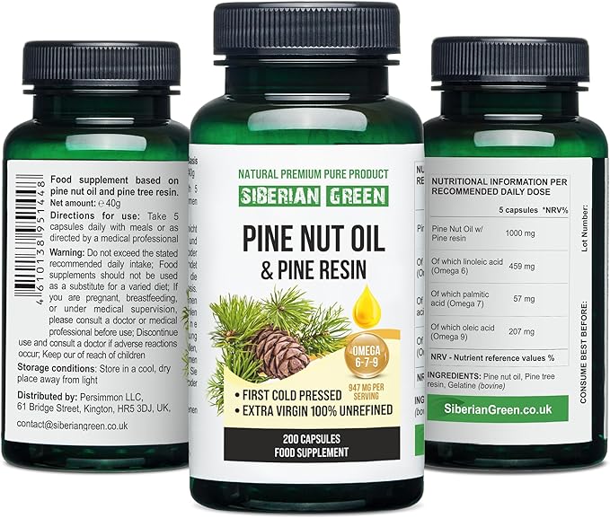 Pine Nut Oil w/Pine Resin Capsules 200 Softgels Wild Harvested Siberia Altai Cold Pressed Unrefined