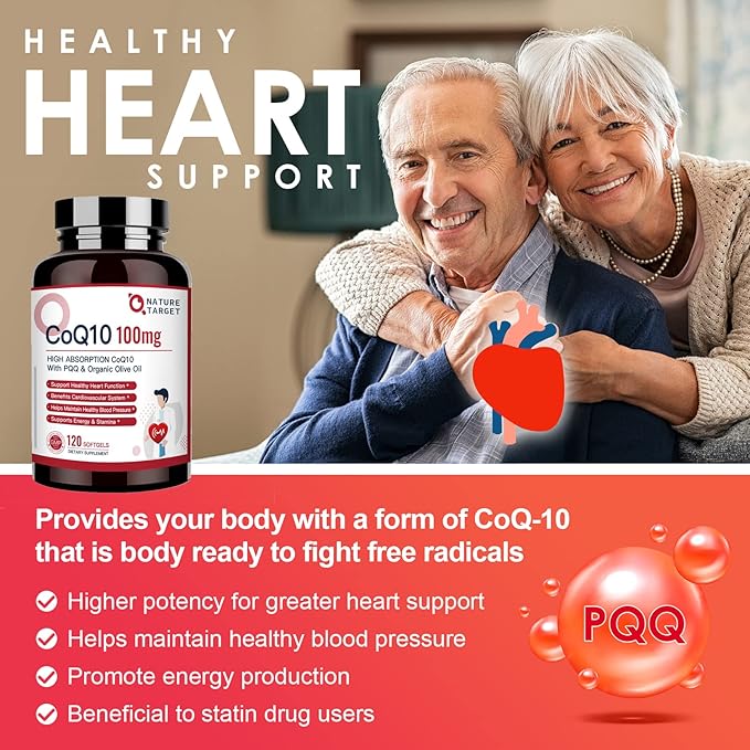 NATURE TARGET CoQ10-100mg-Softgels with 10mg PQQ - High Absorption Coenzyme-Q10 with Organic-Olive-Oil - Antioxidant for Heart & Brain Health, Cellular-Energy-Production, 120 Servings