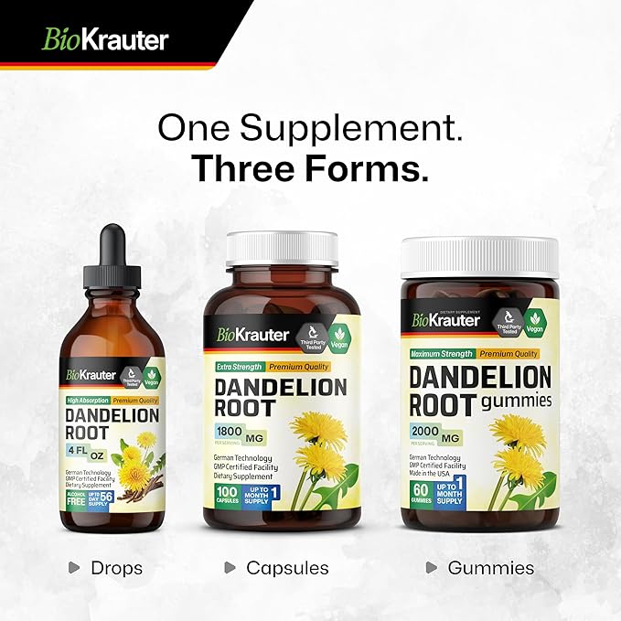 BIO KRAUTER Dandelion Root Capsules - 1800 mg Strength - 100 Count - Dandelion Root Supplement - Vegan Capsules for Liver Support