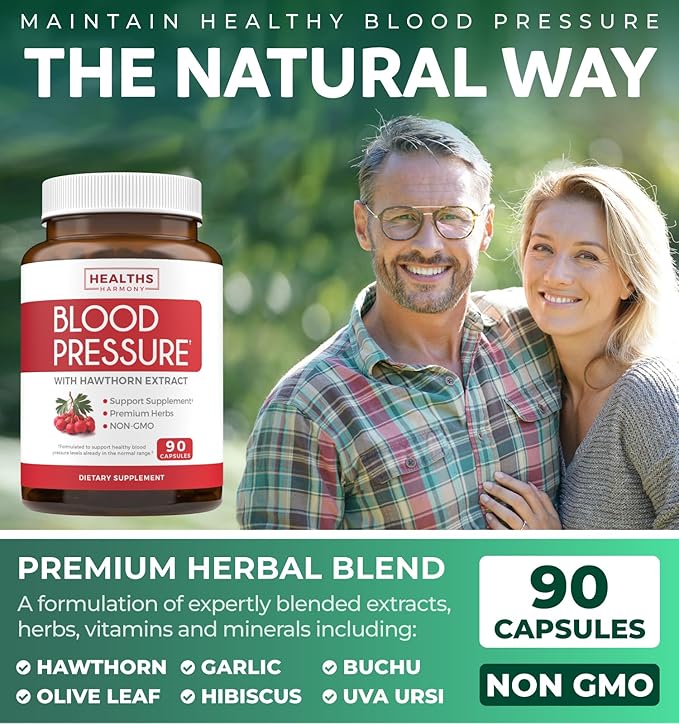 Blood Pressure Support Supplement (NON-GMO) Premium Natural Herbs, Vitamins & Berries - High Dosage of Hawthorn Berry Extract – Supports Blood Pressure Levels Already In The Normal Range – 90 Capsules