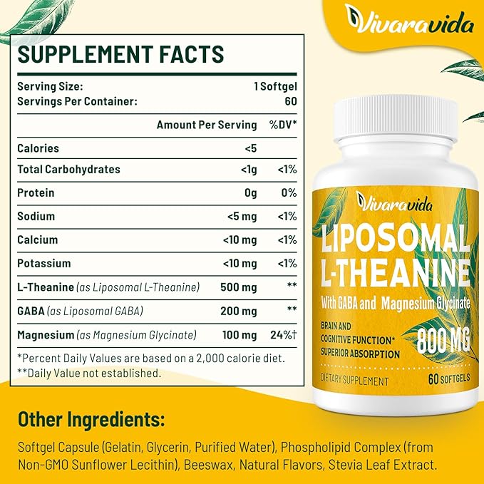 L-Theanine 800mg Supplement with GABA and Magnesium Glycinate - Natural Compound, Sleep and Relaxation (60 Softgels)