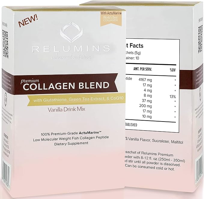 Relumins Marine Collagen Powder Drink Mix - Collagen Peptide with Glutathione, Green Tea, CoQ10, & Hyaluronic Acid Boosts Smooth Glowing Skin - 20 Powder Sachets x Vanilla Flavored + 2 Free Sachets