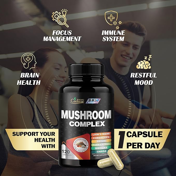Cadane Mushroom Complex Supplements - 19in1 Concentrated with Lions Mane, Cordyceps Sinensis, Reishi, Turkey Tail Mushroom, Maitake, Chaga, Shiitake, Enoki & More - 120 Caps for 4 Months Supply