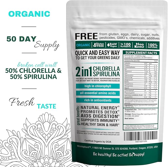 Organic Spirulina Chlorella Tablets - 400 Count - 2-in-1 Superfood Algae Supplement for Natural Immune Support, Detox and Energy Boost. Broken Cell Wall. Organic Chlorophyll. Espirulina