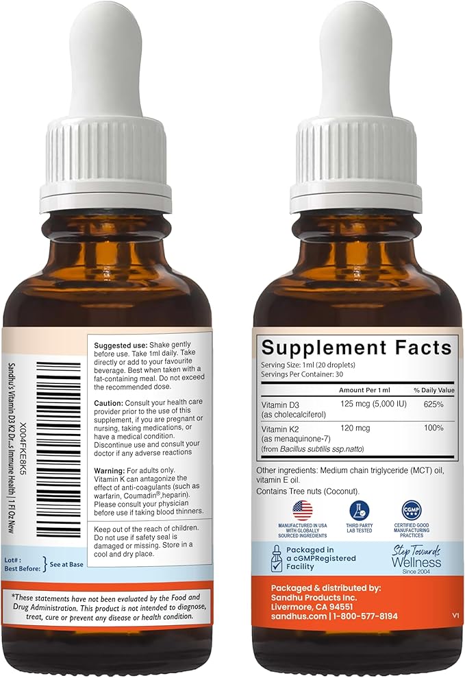 Sandhu's Vitamin d Drops for Adults | 5000 IU D3 Liquid, 120mcg K2 Supplement | D3K2 Supports Immune & Bone Health | Vitamin D3 K2 Drops for Faster Absorption | 1 Fl Oz
