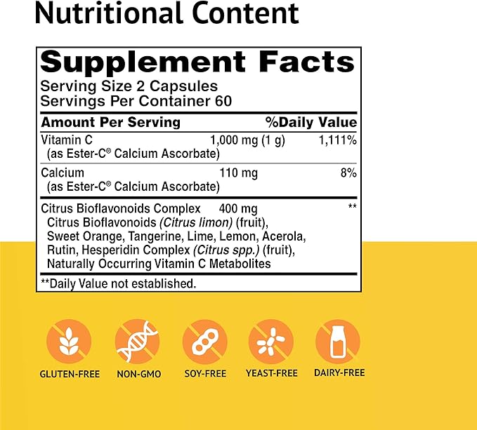 American Health Ester-C with Citrus Bioflavonoids Capsules - 24-Hour Immune Support, Gentle On Stomach, Non-Acidic Vitamin C - Non-GMO, Gluten-Free - 500 mg, 60 Count, 30 Servings