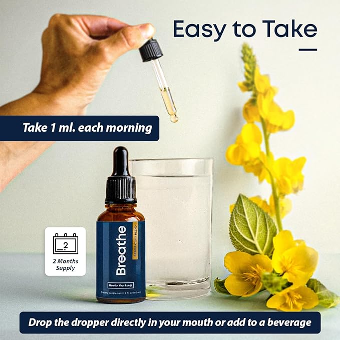 BREATHE 8-IN-1 Mullein Drops for Lungs & Airways (2 fl. oz.): Peppermint, Thyme, & Mullein Leaf Extract for Lungs Detox for Smokers - Break up Mucus & Breathe Clear - GMO-Free & Made in USA