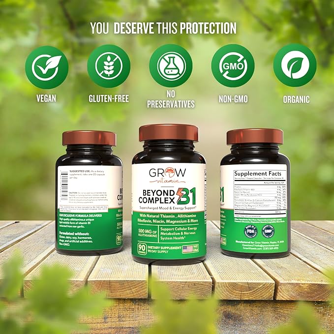 grow vitamin Beyond B1 Complex - Allithiamine Natural Vitamin B1 Supplement with Essential B-Vitamins, Thiamin, Niacin, Biotin, Magnesium & More - Supports Energy, Mood & Nervous System - 90 Capsules