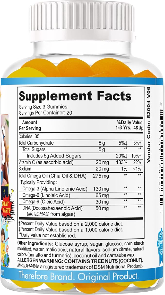 Therefore Kids Brain Booster Supplement Omega 3 for Kids & Teens, Focus Gummies Support Mental Clarity, Attention Concentration, Brain Supplements for Memory and Focus, Fruity Flavor 60 Gummy