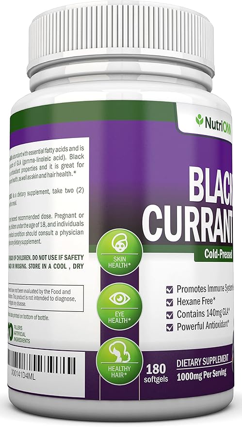 Black Currant Oil - 1000 Mg - 180 Softgels - Cold-Pressed Pure Black Currant Seed Oil - Hexane Free - 140mg GLA Per Serving - Regulates Hormonal Balance - Great for Immune System, Hair and Skin