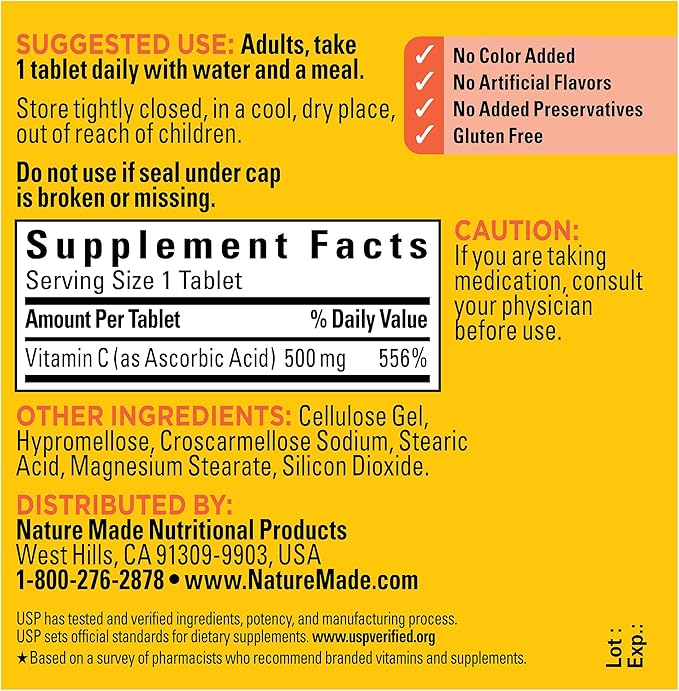 Nature Made Vitamin C 500 mg, Dietary Supplement for Immune Support, 100 Tablets, 100 Day Supply
