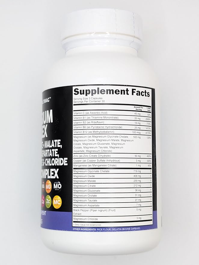 Clean Nutraceuticals Magnesium Complex with Magnesium Glycinate Citrate Malate Oxide Taurate Aspartate Orotate & Mag Chloride, Zinc Copper Manganese & Vitamin C B1 B2 B6 B12 Complex - 1Pack