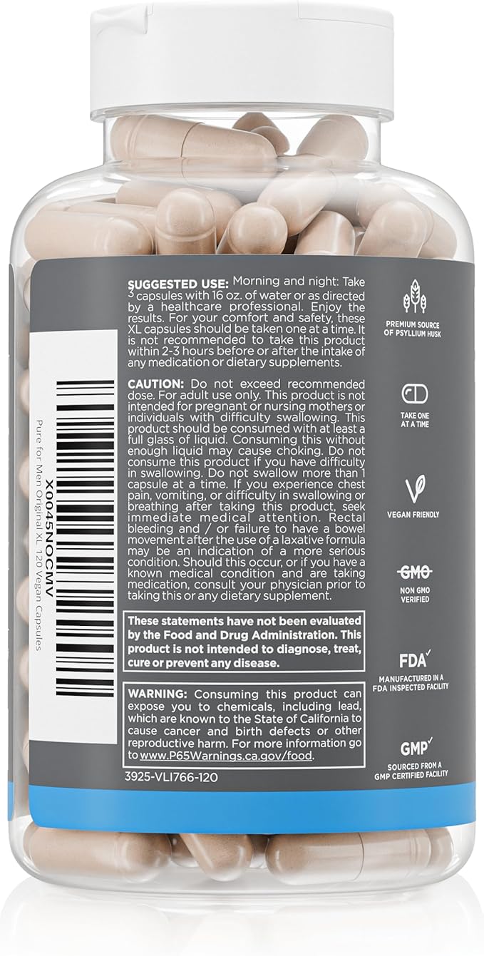 Pure for Men Stay Ready Fiber Extra Strength Supplement | Digestive Regularity | Bowel Movement & Gut Health Support | Vegan Cleanliness | Proprietary Formula | 120 Vegan XL Capsules