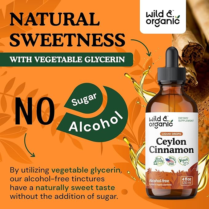 Wild & Organic Ceylon Cinnamon Tincture 500 mg - Liquid Cinnamon Supplements for Overall Support - Cinnamomum Verum Bark Extract - Vegan, Sugar & Alcohol-Free, Non-GMO - 4 fl oz