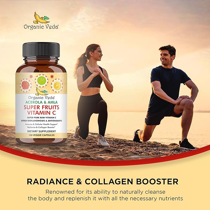 Organic Veda Superfruits Vitamin C Capsule with Acerola Cherry & Amla Berry - Whole Food Natural Vitamin C Supplement with Citrus Bioflavonoids for Immunity, Cellular & Skin Health - 120 Vegan Pills