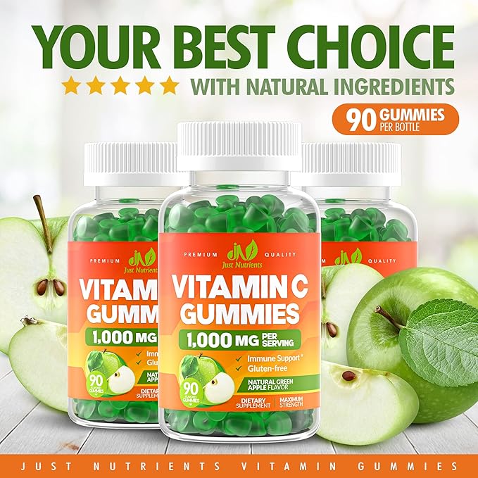 Vitamin C Gummies 1000mg for Adults & Kids - Maximum Strength Chewable Immune Support, Collagen Support - Sour Green Apple Flavor - Gluten Free, Non-GMO, Vegetarian - 90 Gummies (30 Servings)