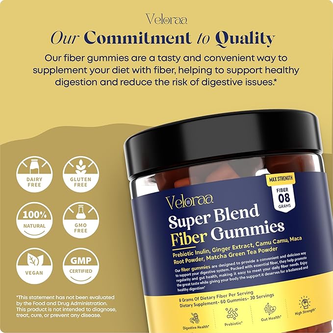 Super Blend Fiber Gummies for Adults – 8g Prebiotic Fiber Gummies, Supports Digestive Health, Bloating Relief & Wellness, Infused with Ginger, Camu Camu & Matcha, Strawberry Flavor – 60 Count