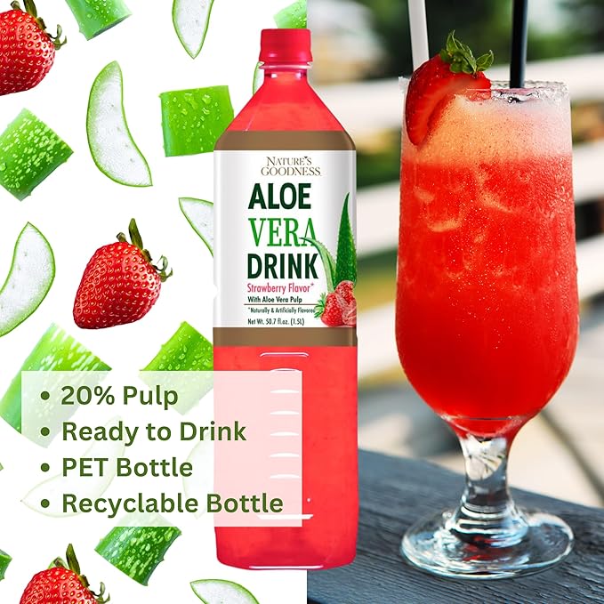 Nature's Goodness Aloe Vera Drink with Pulp Strawberry Flavor -12 Pack Case - 50.7 Fl Oz (1.5 L) Each - Total 18 Liters - Refreshing Beverage with Real Aloe Vera Juice