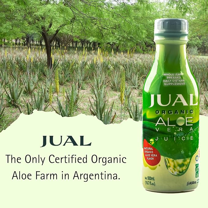 JUAL Healthy Organic Aloe Vera Juice drink,16.7 Fl Oz - Natural Flavor - 100%Aloe Vera Drink - Vegan, Zero Sugar, Aloin free Pure Aloe Juice for Gut Health - Immune Booster, 500ml (Pack of 1)