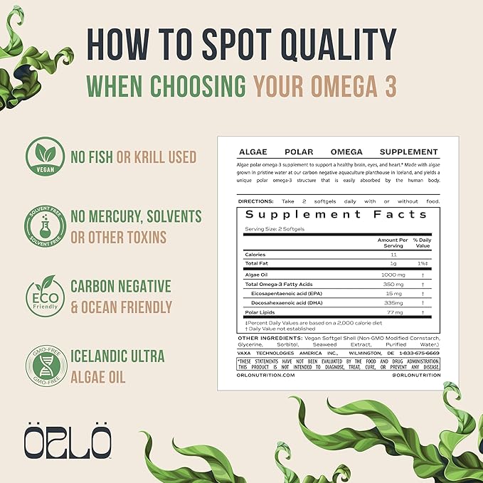 Orlo DHA - Vegan DHA Omega 3 Supplement - Triple Strength Omega3s - Plant Based DHA & EPA Fatty Acids Algae Omega-3 Oil - Krill or Fish Oil Alternative (60 Mini Softgels KIT)