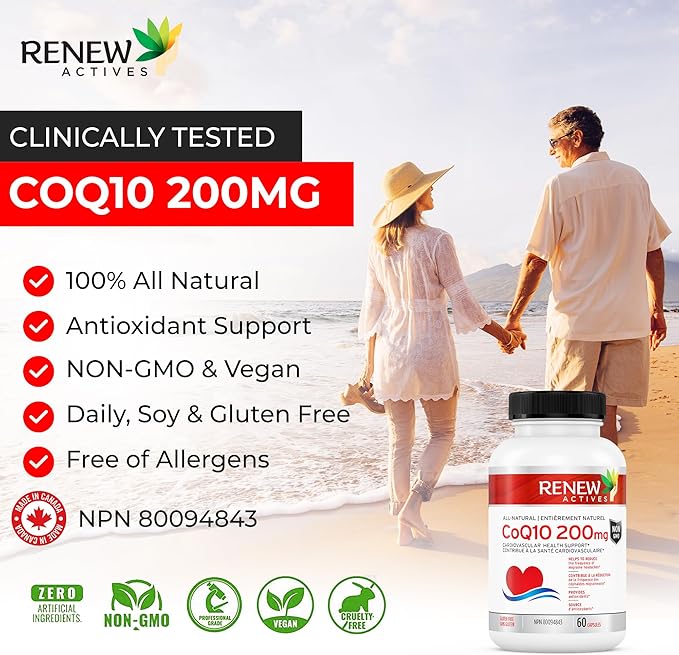 Renew Actives CoQ10 Ubiquinone Supplement 200MG per Serving – Supports Heart Health, Migraine Relief, Immune System Boost Antioxidant Support & Energy – High Potency, Made in Canada - 60 Capsules