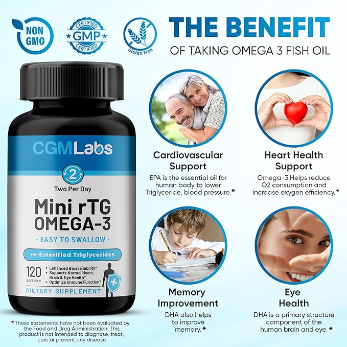 rTG Omega 3 Fish Oil Dietary Supplement - High Absorption & Fast Acting, Burpless Fish Oil Supplement from Anchovy. re-esterified Triglyceride w/EPA & DHA (as rTG) 960mg - 120 Softgels by CGM Labs