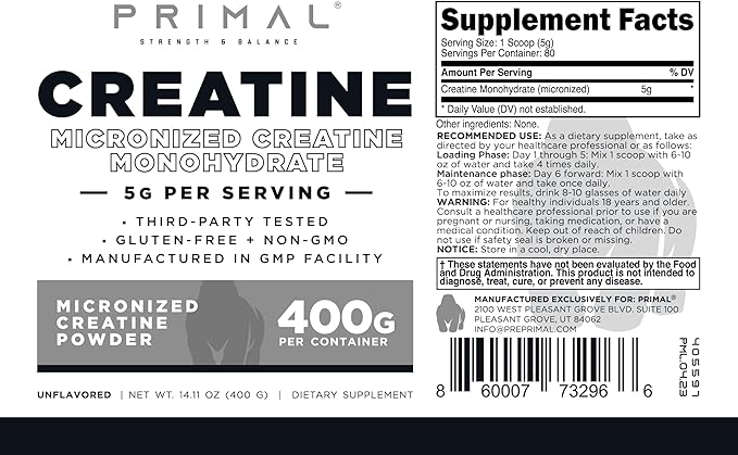 Primal Creatine Monohydrate Powder (400 Grams) | Unflavored Micronized Creatine Muscle Development Supplement for Pre-Workout & Recovery | 5g Creatine Monohydrate per Serving