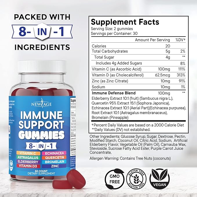 NEW AGE 8 in 1 Immune Support Booster Supplement with Astragalus Root, Vitamin C and Zinc 50mg, Vitamin D 5000 IU, Quercetin & Bromelain (8 in 1 Gummies (Pack of 3))