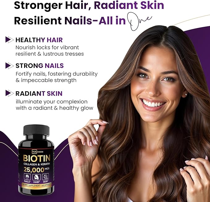 Biotin Hair Skin & Nails Vitamins – 25,000 mcg Biotin with Collagen, Keratin & Hyaluronic Acid – Supports Healthy Hair, Radiant Skin & Strong Nails – Unisex Supplement – 60 Capsules