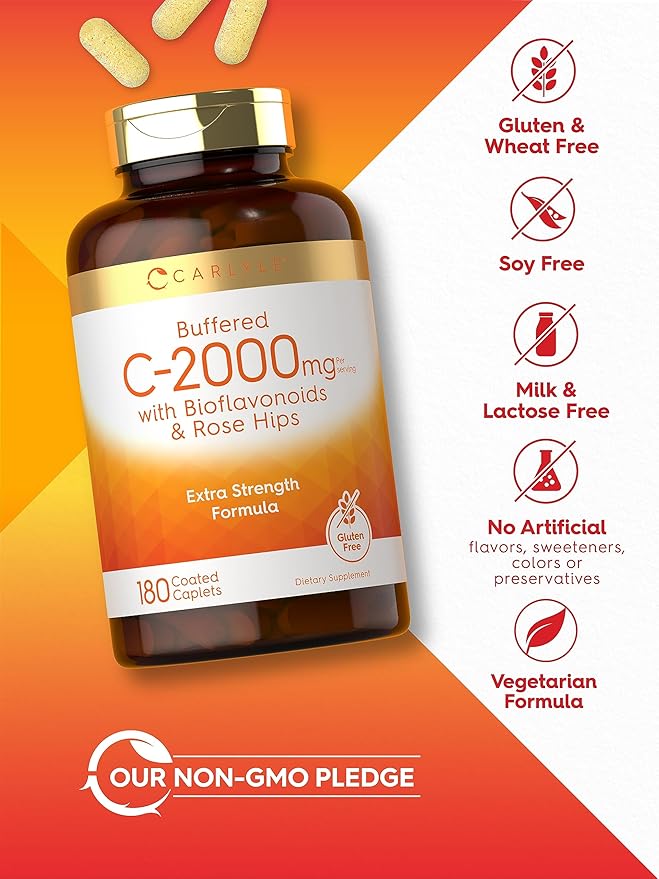 Carlyle Buffered Vitamin C | 2000mg | 180 Caplets | with Bioflavonoids and Rose HIPS | Vegetarian, Non-GMO, and Gluten Free Supplement