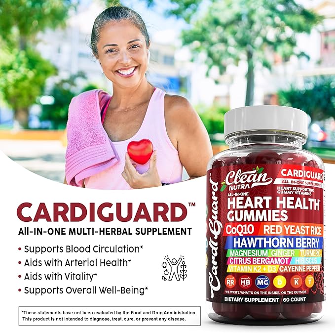 Clean Nutraceuticals Coq10 Gummies | Red Yeast Rice Hawthorn Berry Ginger Turmeric Citrus Bergamot Hibiscus Vitamin K2+D3 Magnesium Glycinate Cayenne Pepper Fenugreek Orange Flavor CardiGuard