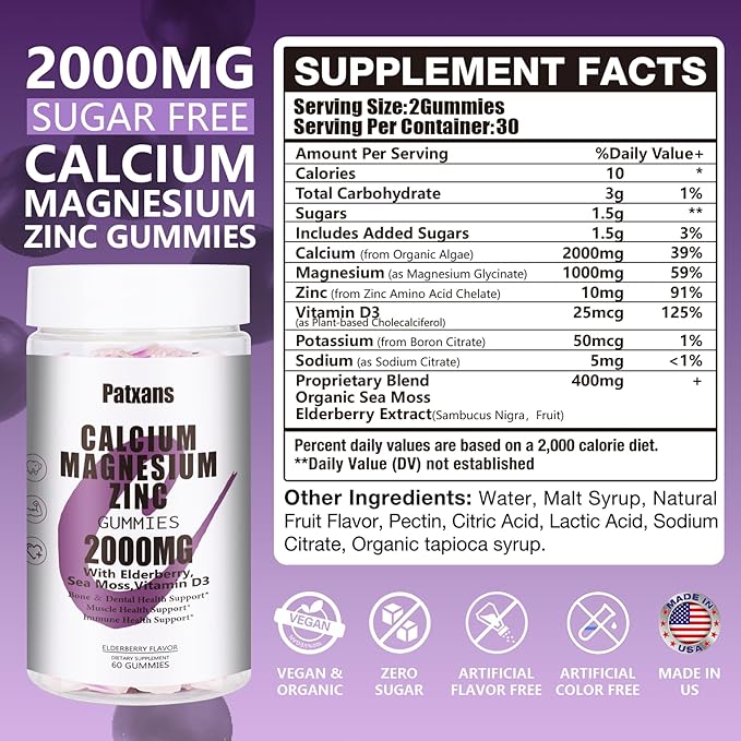 1 Pack 2000MG Calcium Magnesium Zinc Gummies with Vitamin D3 & Elderberry, Sea Moss for Bone & Tooth Strength, Muscle & Immunity, Sugar-Free, Vegan, Blueberry Flavor, 60ct.