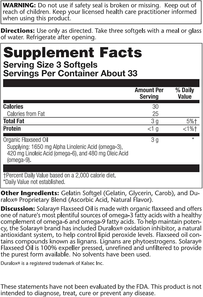 SOLARAY Flaxseed Oil, Softgel (Btl-Plastic) 1000mg 100ct