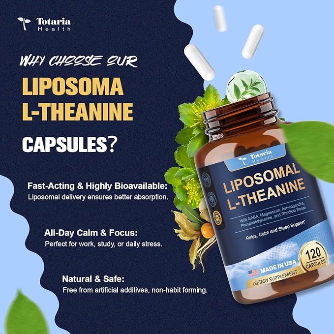 Liposomal L-Theanine Supplement 750mg with GABA,Ashwagandha,Magnesium Glycinate,Rhodiola Rosea,Phosphatidylserine Complex Supplements for Men and Women Mood |Focus | Sleep Support 120 Capsules