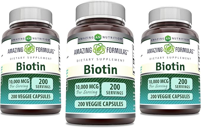 Amazing Formulas Biotin 10000 mcg | 200 Veggie Capsules | Vitamin B7 Supplement | Non-GMO | Gluten Free | Made in USA 3 Pack