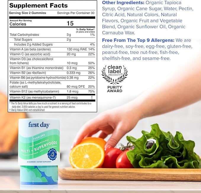 FIRST DAY Toddler Multivitamins Gummies for Kids & Toddlers Ages 2-3, Delicious Strawberry & Orange Toddler Vitamins Multivitamin with Choline, Vitamins A C D3 B1 B2 B6 B12 K2 Folate - 30 Day Supply