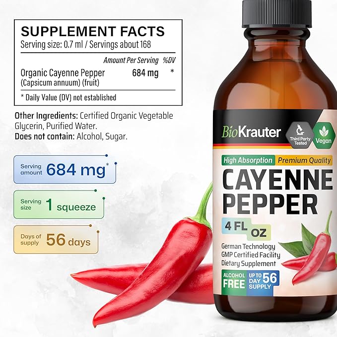 BIO KRAUTER Cayenne Pepper Extract Liquid - Pure Capsaicin Extract - Liquid Cayenne Pepper Drops for Digestive Support - Sugar & Alcohol Free 4 Fl.Oz.
