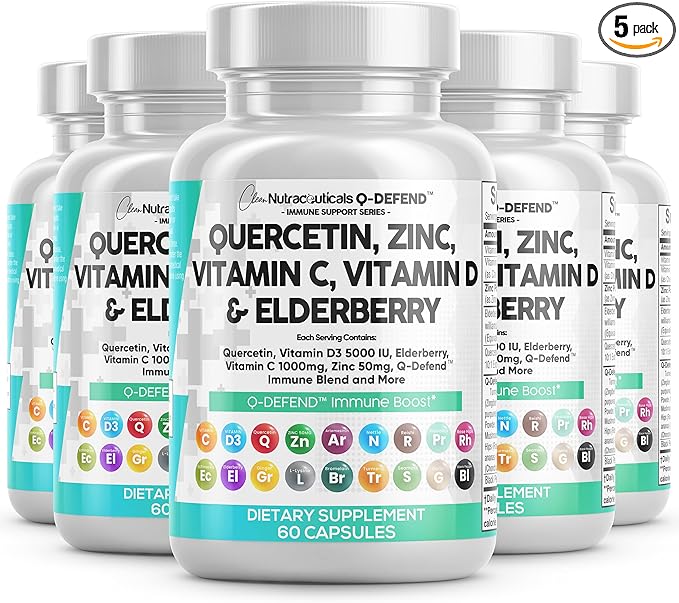 Clean Nutraceuticals Quercetin Zinc Vitamin C Vitamin D Bromelain Elderberry - Immune Defense Support Supplement Adults w Artemisinin, Sea Moss, Echinacea, Garlic Allergy Relief (5pack)