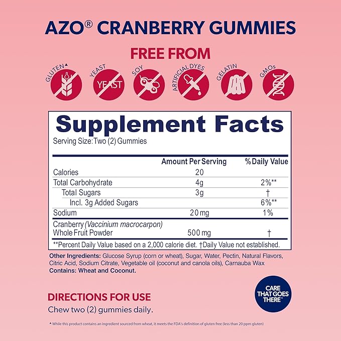 AZO Cranberry Urinary Tract Health Gummies Dietary Supplement, 2 Gummies = 1 Glass of Cranberry Juice, Helps Cleanse & Protect, Natural Berrylicious Flavor, Non-GMO, 72 Gummies