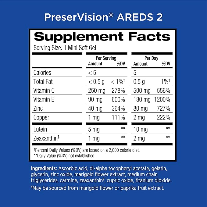 PreserVision AREDS 2 Eye Vitamin & Mineral Supplement with OCUSorb, with Lutein & Zeaxanthin From Bausch + Lomb, 130 Soft Gels (MiniGels)